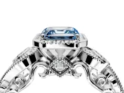 Milgrain Halo Engagement Ring Setting for Fancy Blue Asscher Cut Center with Shoulder Bezels and Prong Head in Platinum