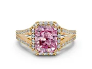 Halo Engagement Ring Setting for Fancy Pink Radiant Cut Center with Pave Split Shank and Prong Head in Yellow Gold