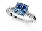 3 Stone Engagement Ring Setting for Fancy Blue Cushion Cut Center with Channel Baguette Accents and Prong Head in Platinum