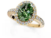 Halo Engagement Ring Setting for Fancy Green Oval Center with Heart-Shaped Openwork, Pave Band and Prong Head in Yellow Gold