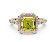 Halo Engagement Ring Setting for Fancy Yellow Asscher Cut Center with Inner Milgrain Border and Prong Head in Yellow Gold