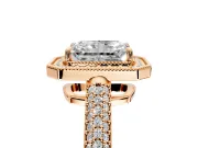 Milgrain Halo Engagement Ring Setting for Radiant Cut Center with Three-Sided Pave Band and Prong Head in Rose Gold