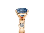 Solitaire Engagement Ring Setting for Fancy Blue Cushion Cut Center with Beaded Bezel Station Band and Prong Head in Rose Gold