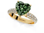 Solitaire Engagement Ring Setting for Fancy Green Heart-Shaped Center with Domed Multi-Row Pave Band and Prong Head in Yellow Gold