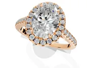 Halo Engagement Ring Setting for Oval Center with Raised Halo, Pave Band and Prong Head in Rose Gold