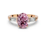 3 Stone Engagement Ring Setting for Fancy Pink Oval Center with Tapered Baguettes, Plain Band and Prong Head in Rose Gold