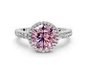 Halo Engagement Ring Setting for Fancy Pink Round Cut Center with Full Pave Band and Prong Head in White Gold