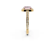 Halo Engagement Ring Setting for Fancy Pink Asscher Cut Center with Framed Halo, Pave Band and Prong Head in Yellow Gold
