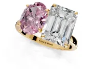 Fancy Pink Oval and Emerald Cut Lab-Grown Diamond Toi et Moi Engagement Ring with Prong-Set Stones in Yellow Gold