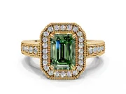 Milgrain Halo Engagement Ring Setting for Fancy Green Emerald Cut Center with Pave Band and Prong Head in Yellow Gold