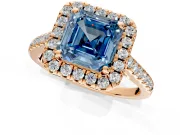 Halo Engagement Ring Setting for Fancy Blue Asscher Cut Center with Raised Halo, Pave Band and Prong Head in Rose Gold