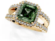 Halo Engagement Ring Setting for Fancy Green Asscher Cut Center with Wide-Open Pave Split Shank and Prong Head in Yellow Gold