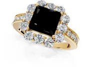 Halo Engagement Ring Setting for Fancy Black Princess Cut Center with Milgrain Channel Band and Prong Head in Yellow Gold