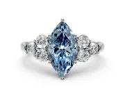 Cluster Engagement Ring Setting for Fancy Blue Marquise Center with Round Cut Accent Frame and Prong Head in White Gold