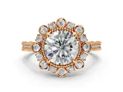 Milgrain Halo Engagement Ring Setting for Round Cut Center with Bezel Point Accents and Prong Head in Rose Gold