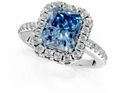 Pave Halo Engagement Ring Setting for Fancy Blue Radiant Cut Center with Single Row Pave Band and Prong Head in Platinum