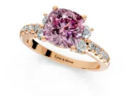 Paired Accent Engagement Ring Setting for Fancy Pink Cushion Cut Center with Pave Band and Prong Head in Rose Gold