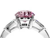 3 Stone Engagement Ring Setting for Fancy Pink Round Cut Center with Baguette Accents and Prong Head in Sterling Silver