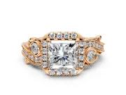 Bypass Halo Engagement Ring Setting for Princess Cut Center with Bezel Accents, Milgrain and Prong Head in Rose Gold