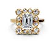 Cluster Halo Engagement Ring Setting for Emerald Cut Center with Milgrain Bezel Accents and Prong Head in Yellow Gold