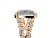 Halo Engagement Ring Setting for Emerald Cut Center with Narrow Pave Split Shank and Prong Head in Rose Gold