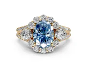 Halo Engagement Ring Setting for Fancy Blue Oval Center with Two-Strand Split Shank and Prong Head in Yellow Gold