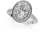 Milgrain Halo Engagement Ring Setting for Oval Center with Three-Sided Pave Band and Prong Head in Sterling Silver