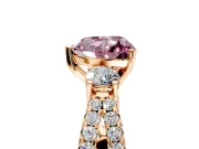 3 Stone Engagement Ring Setting for Fancy Pink Heart-Shaped Center with Pave Split Shank and Prong Head in Rose Gold