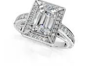 Halo Engagement Ring Setting for Emerald Cut Center with Framed Halo, Pave Band and Prong Head in Sterling Silver