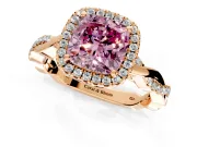 Halo Engagement Ring Setting for Fancy Pink Cushion Cut Center with Pave and Plain Twist Band and Prong Head in Rose Gold