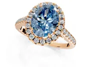 Halo Engagement Ring Setting for Fancy Blue Oval Center with Raised Halo, Pave Band and Prong Head in Rose Gold
