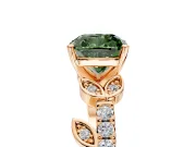 Leaf Motif Engagement Ring Setting for Fancy Green Cushion Cut Center with Pave Band and Prong Head in Rose Gold