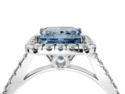 Halo Engagement Ring Setting for Fancy Blue Princess Cut Center with Raised Halo, Pave Band and Prong Head in White Gold