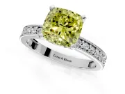 Milgrain Pave Engagement Ring Setting for Fancy Yellow Cushion Cut Center with Accent Band and Prong Head in Platinum
