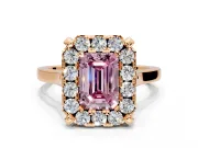 Single Halo Engagement Ring Setting for Fancy Pink Emerald Cut Center with Corner Claws, Plain Band and Prong Head in Rose Gold