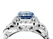 Halo Engagement Ring Setting for Fancy Blue Radiant Cut Center with Open Scroll Shoulders and Prong Head in White Gold