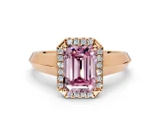 Halo Engagement Ring Setting for Fancy Pink Emerald Cut Center with Knife Ridge Cathedral Band and Prong Head in Rose Gold