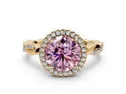 Halo Engagement Ring Setting for Fancy Pink Round Cut Center with Pave and Plain Twist Band and Prong Head in Yellow Gold