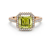 Halo Engagement Ring Setting for Fancy Yellow Asscher Cut Center with Narrowing Pave Band and Prong Head in Rose Gold