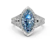 Halo Engagement Ring Setting for Fancy Blue Marquise Center with Narrow Pave Split Shank and Prong Head in Sterling Silver