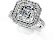 Halo Engagement Ring Setting for Asscher Cut Center with Milgrain Pave Band and Bezel Head in White Gold