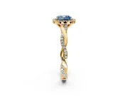 Halo Engagement Ring Setting for Fancy Blue Cushion Cut Center with Pave and Plain Twist Band and Prong Head in Yellow Gold