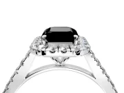 Halo Engagement Ring Setting for Fancy Black Emerald Cut Center with Narrowing Pave Band and Prong Head in White Gold