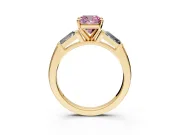 3 Stone Engagement Ring Setting for Fancy Pink Cushion Cut Center with Tapered Baguettes, Plain Band and Prong Head in Yellow Gold