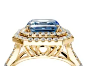 Double Halo Engagement Ring Setting for Fancy Blue Asscher Cut Center with Narrow Pave Split Shank and Prong Head in Yellow Gold