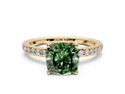 Solitaire Engagement Ring Setting for Fancy Green Cushion Cut Center with Fine Pave Band and Prong Head in Yellow Gold
