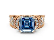 Pave Engagement Ring Setting for Fancy Blue Asscher Cut Center with Curved Accent Rows, Openwork and Prong Head in Rose Gold