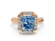 Halo Engagement Ring Setting for Fancy Blue Radiant Cut Center with Square Band and Prong Head in Rose Gold