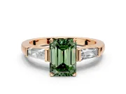 3 Stone Engagement Ring Setting for Fancy Green Emerald Cut Center with Tapered Baguettes, Plain Band and Prong Head in Rose Gold