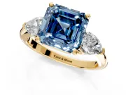 3 Stone Engagement Ring Setting for Fancy Blue Asscher Cut Center with Large Pear-Shaped Accents and Prong Head in Yellow Gold